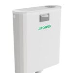 Slim cistern installed in a compact modern bathroom