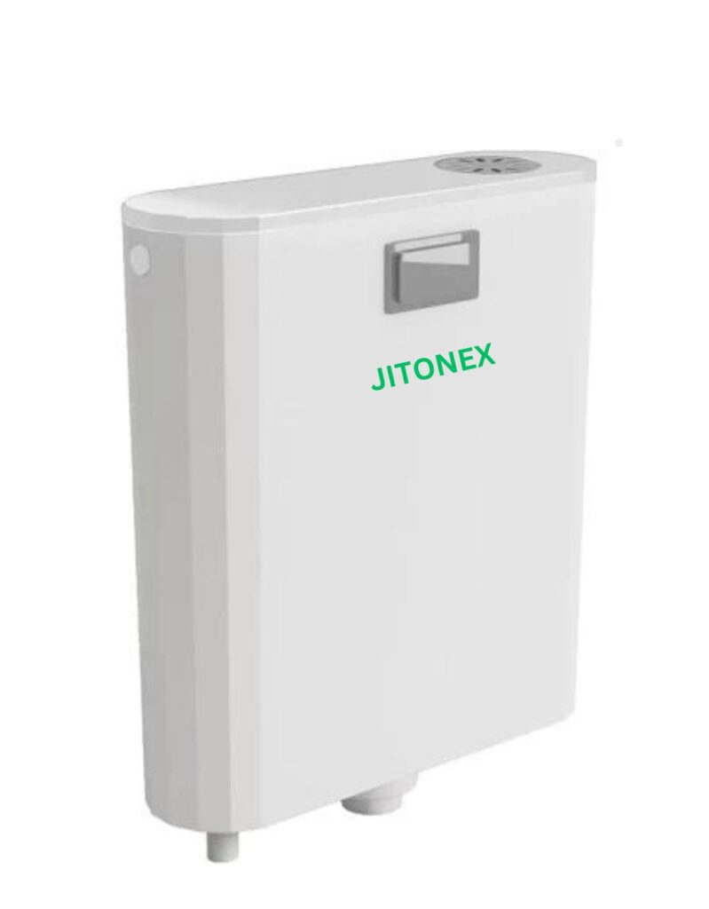 Slim cistern installed in a compact modern bathroom